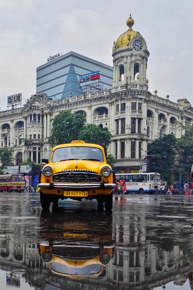 Rain-soaked street scene in Kolkata