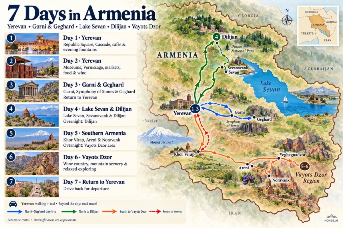 Illustrated 7-day Armenia route map: Yerevan loop to Garni and Geghard, north to Sevanavank and Dilijan, then south via Khor Virap to Areni and Noravank