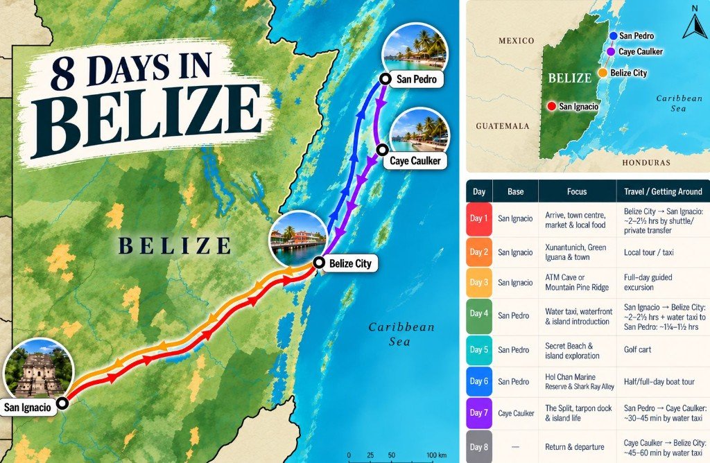 Illustrated 8-day Belize route map from Belize City inland to San Ignacio, then by water taxi to San Pedro and Caye Caulker, with a day-by-day itinerary panel