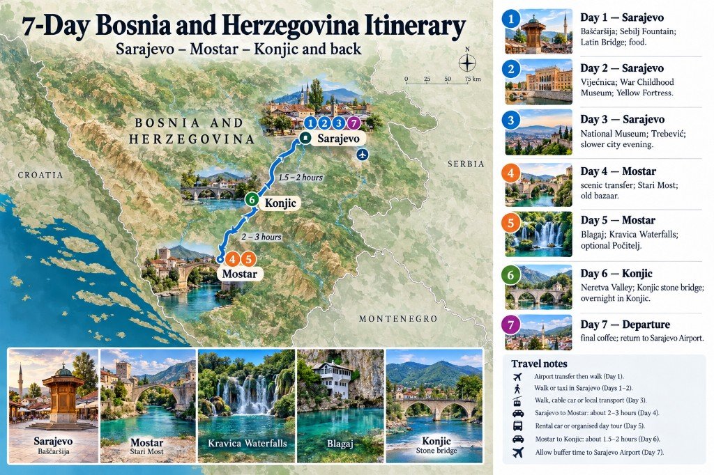 Illustrated 7-day Bosnia and Herzegovina route map from Sarajevo south to Mostar, then north via Konjic, with a day-by-day itinerary panel