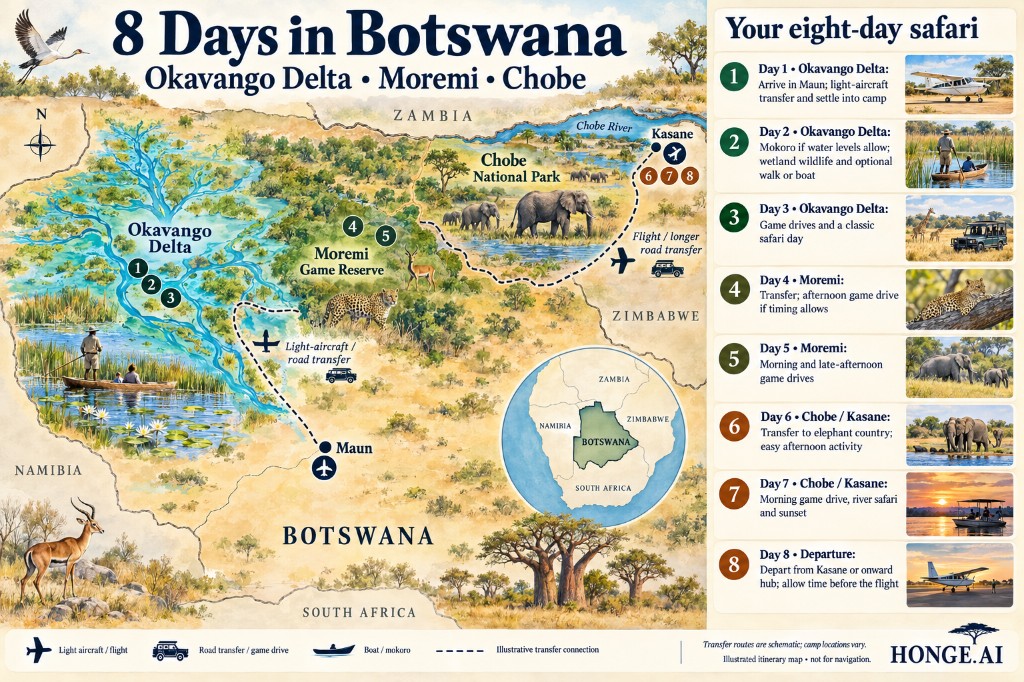 Illustrated 8-day Botswana safari route map from Maun into the Okavango Delta, then Moremi Game Reserve and Chobe National Park near Kasane, with a day-by-day itinerary panel