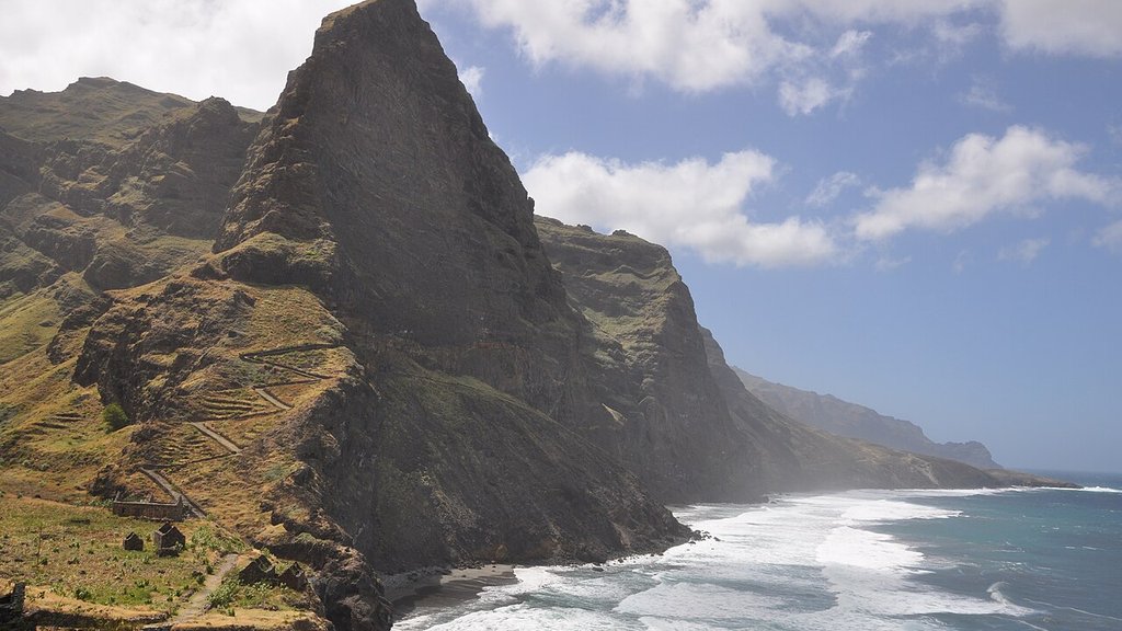 Dramatic Santo Antão Atlantic coastline with steep volcanic cliffs meeting the ocean in Cape Verde