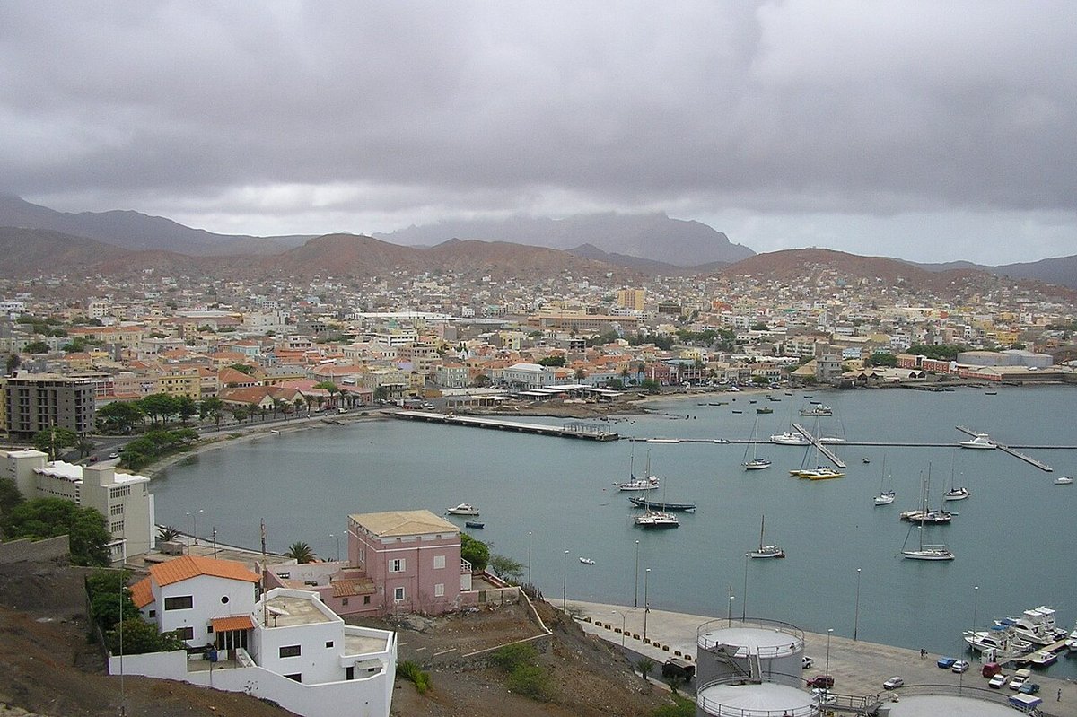 Mindelo harbour and colourful waterfront buildings on São Vicente, Cape Verde