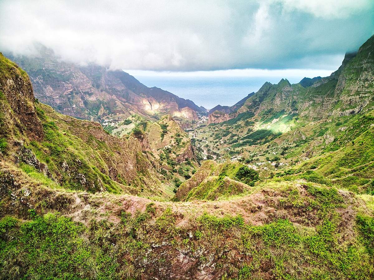 Green terraced slopes and settlements in the Paúl Valley on Santo Antão, Cape Verde