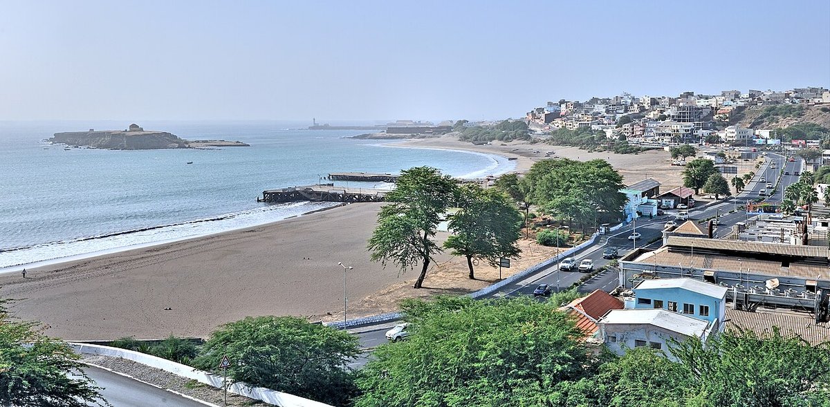 Coastal view of Praia on Santiago Island, Cape Verde, with buildings along the Atlantic shoreline