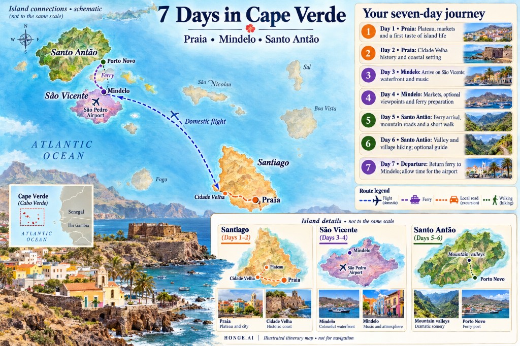 Illustrated 7-day Cape Verde route map from Praia on Santiago by domestic flight to Mindelo on São Vicente, then by ferry to Santo Antão, with island detail panels and a day-by-day itinerary