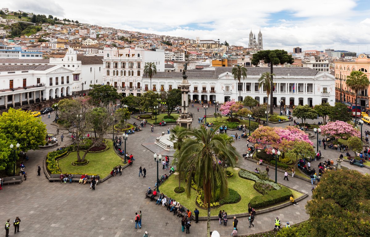 Plaza Grande and surrounding colonial buildings in Quito’s historic centre, Ecuador