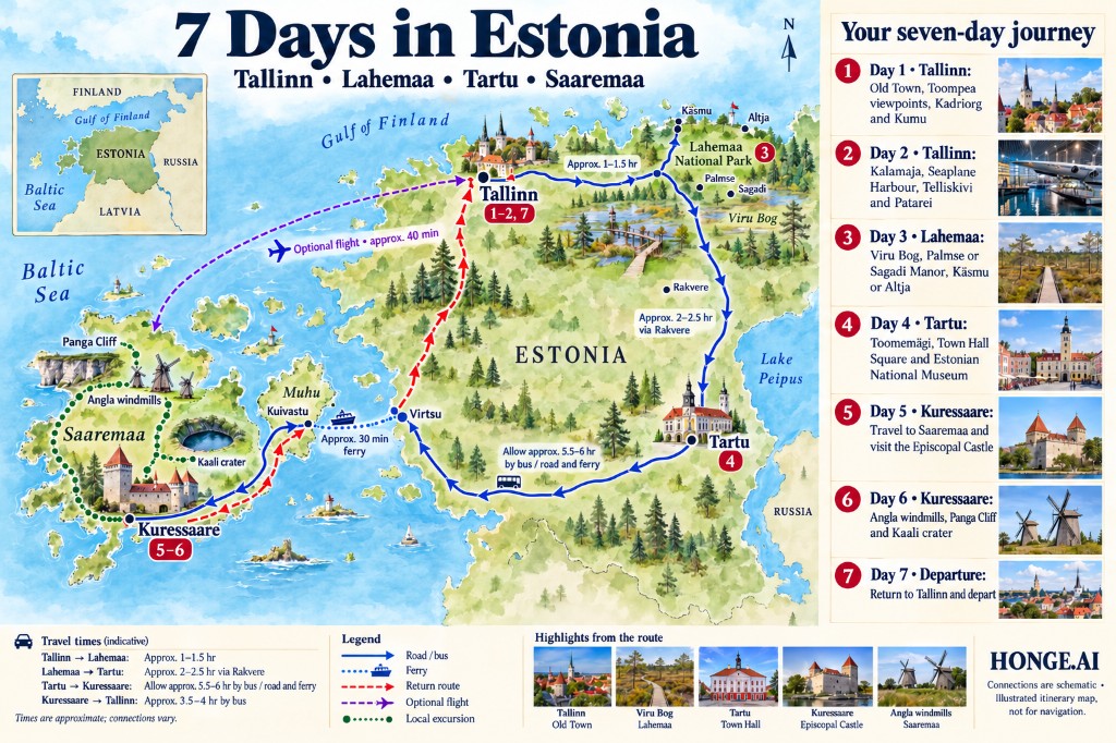 Illustrated 7-day Estonia route map from Tallinn to Lahemaa, Tartu and Kuressaare on Saaremaa, with a day-by-day itinerary panel