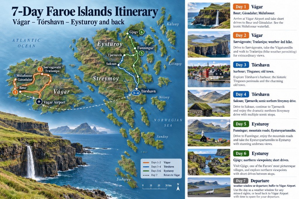Illustrated 7-day Faroe Islands route map from Vágar to Tórshavn and Eysturoy, then back to Vágar Airport, with a day-by-day itinerary panel