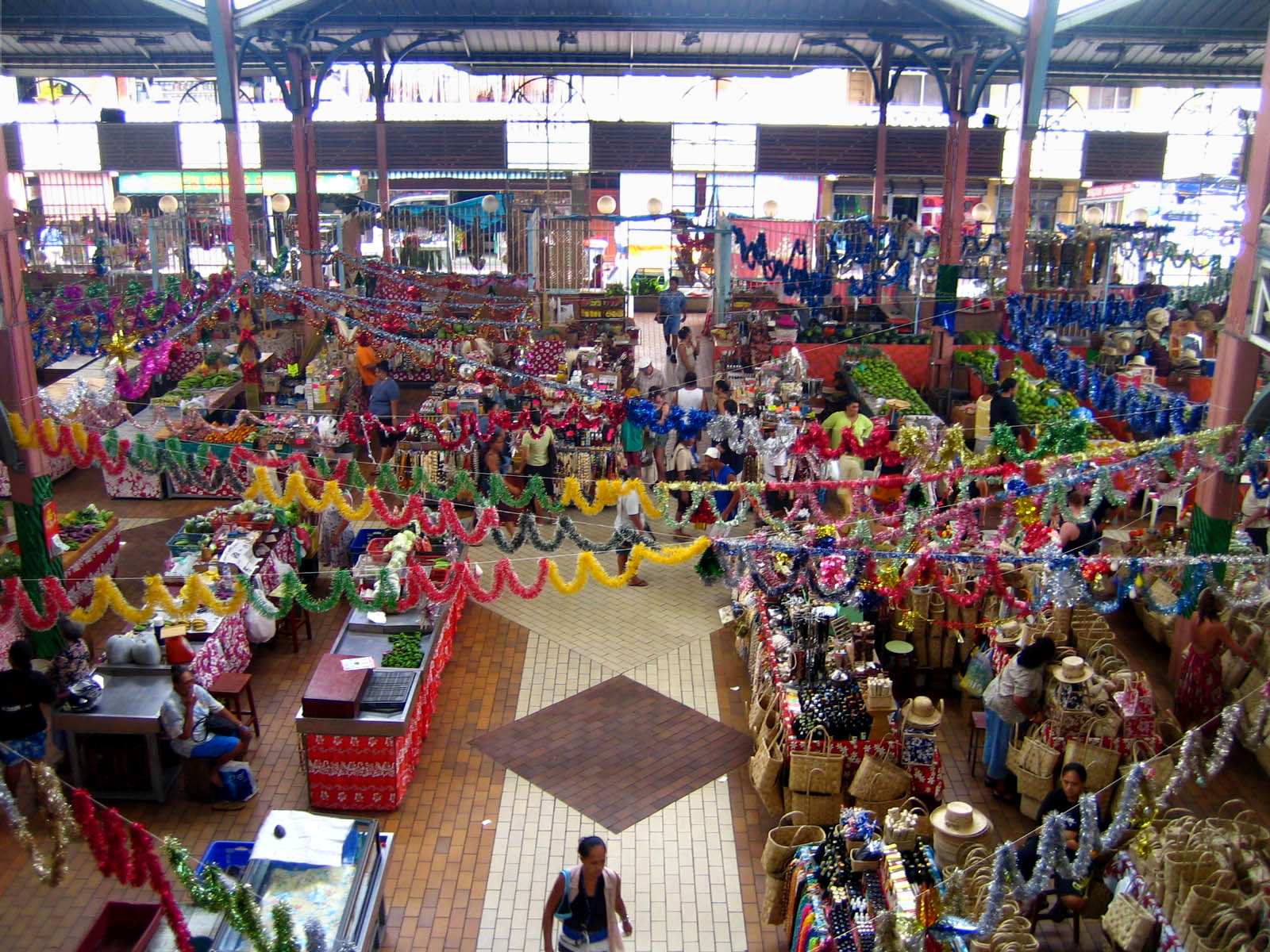Colourful produce and stall displays inside Marché de Papeete, Tahiti’s central market