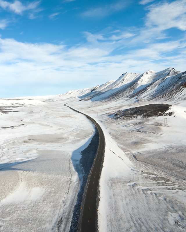 South Coast road in Iceland disappearing into winter weather