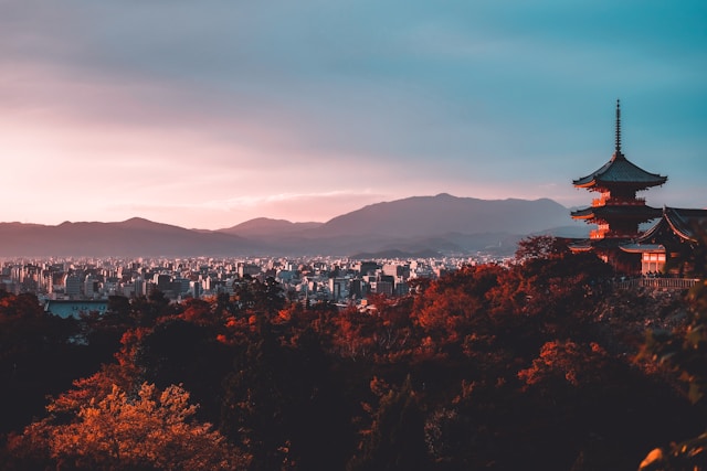 Japan in autumn with red maple foliage