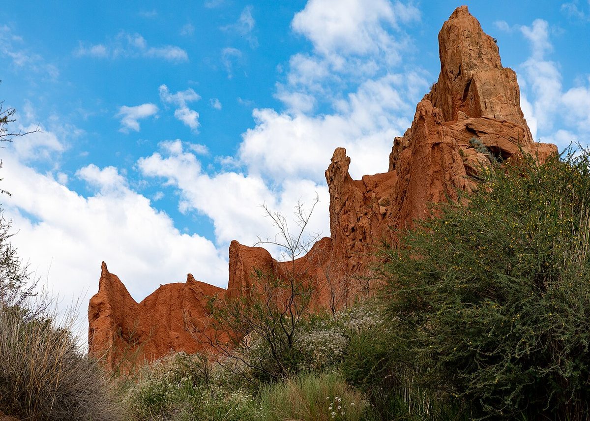 Colourful sandstone rock formations of Fairy-Tale Canyon near Issyk-Kul’s southern shore in Kyrgyzstan