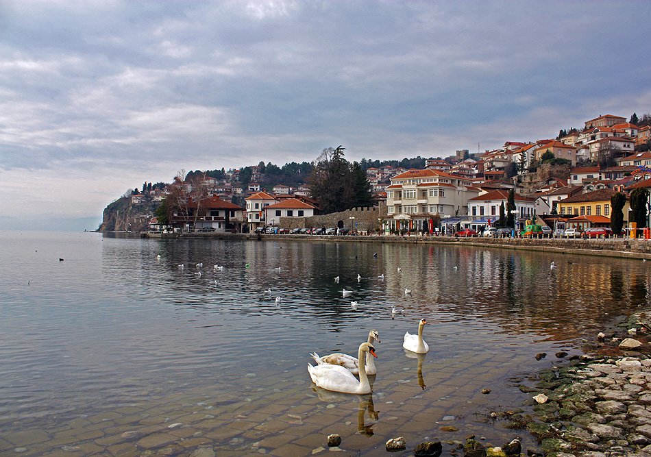 Old town of Ohrid rising above the blue waters of Lake Ohrid in North Macedonia