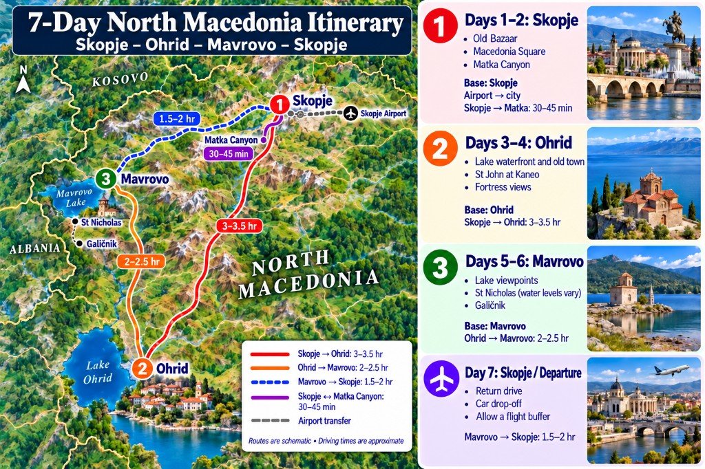 Illustrated 7-day North Macedonia itinerary map from Skopje to Ohrid and Mavrovo, with a day-by-day panel