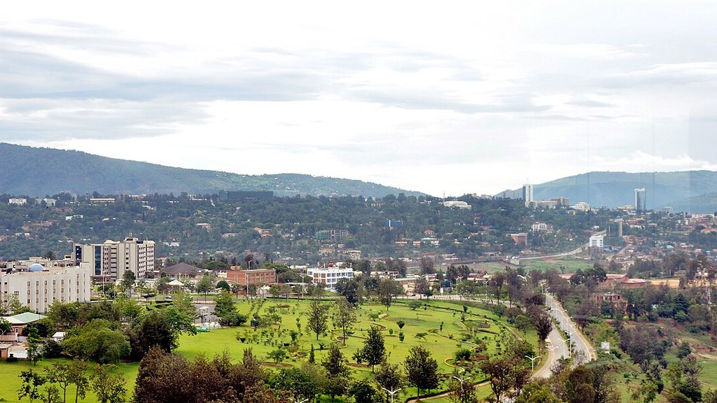Downtown Kigali skyline and green hills seen from Kimihurura, Rwanda