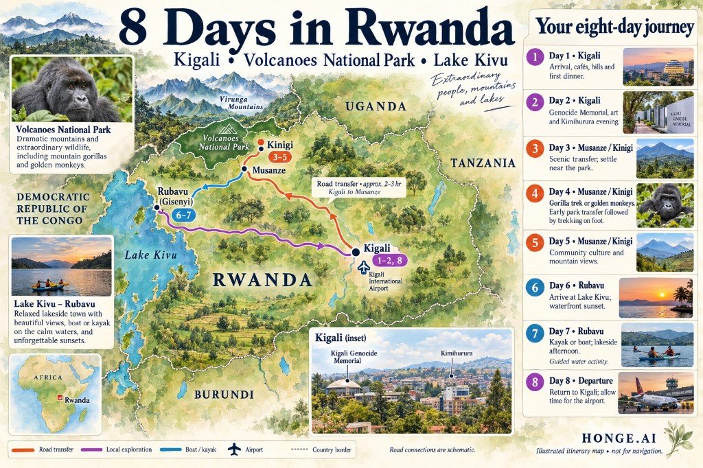 Illustrated 8-day Rwanda route map from Kigali north to Musanze and Kinigi for Volcanoes National Park, then west to Rubavu on Lake Kivu before returning to Kigali, with a day-by-day itinerary panel