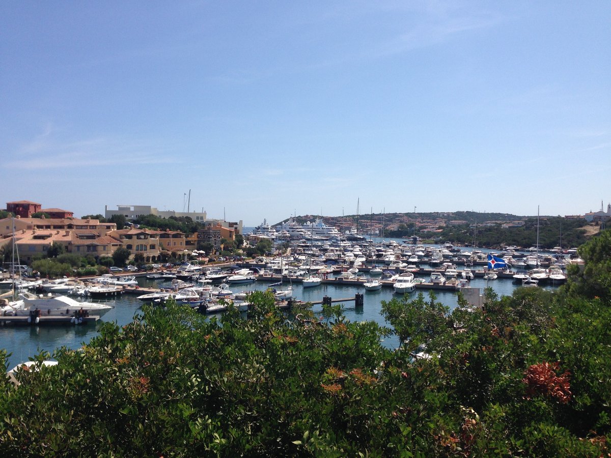 Panoramic view of Porto Cervo marina on Costa Smeralda with densely packed yachts and Mediterranean hillsides