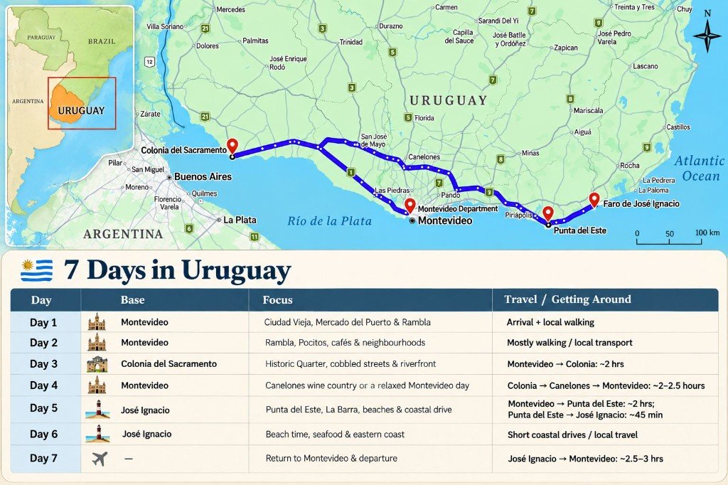 Illustrated 7-day Uruguay route map from Montevideo to Colonia del Sacramento, Canelones, Punta del Este and José Ignacio, with a day-by-day itinerary panel