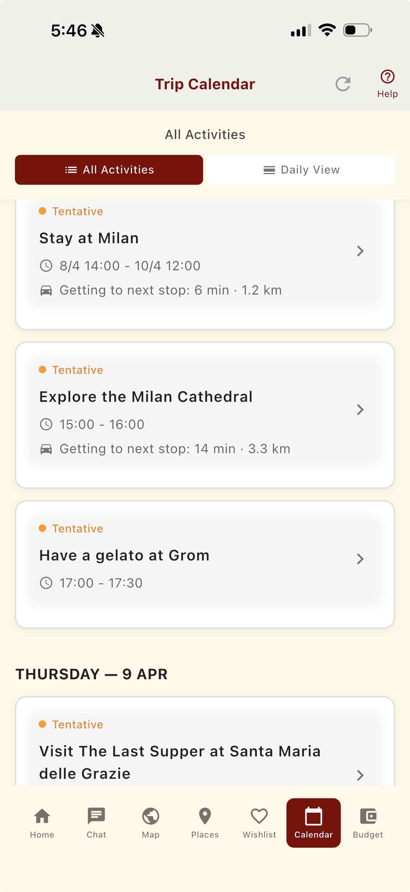 Trip calendar